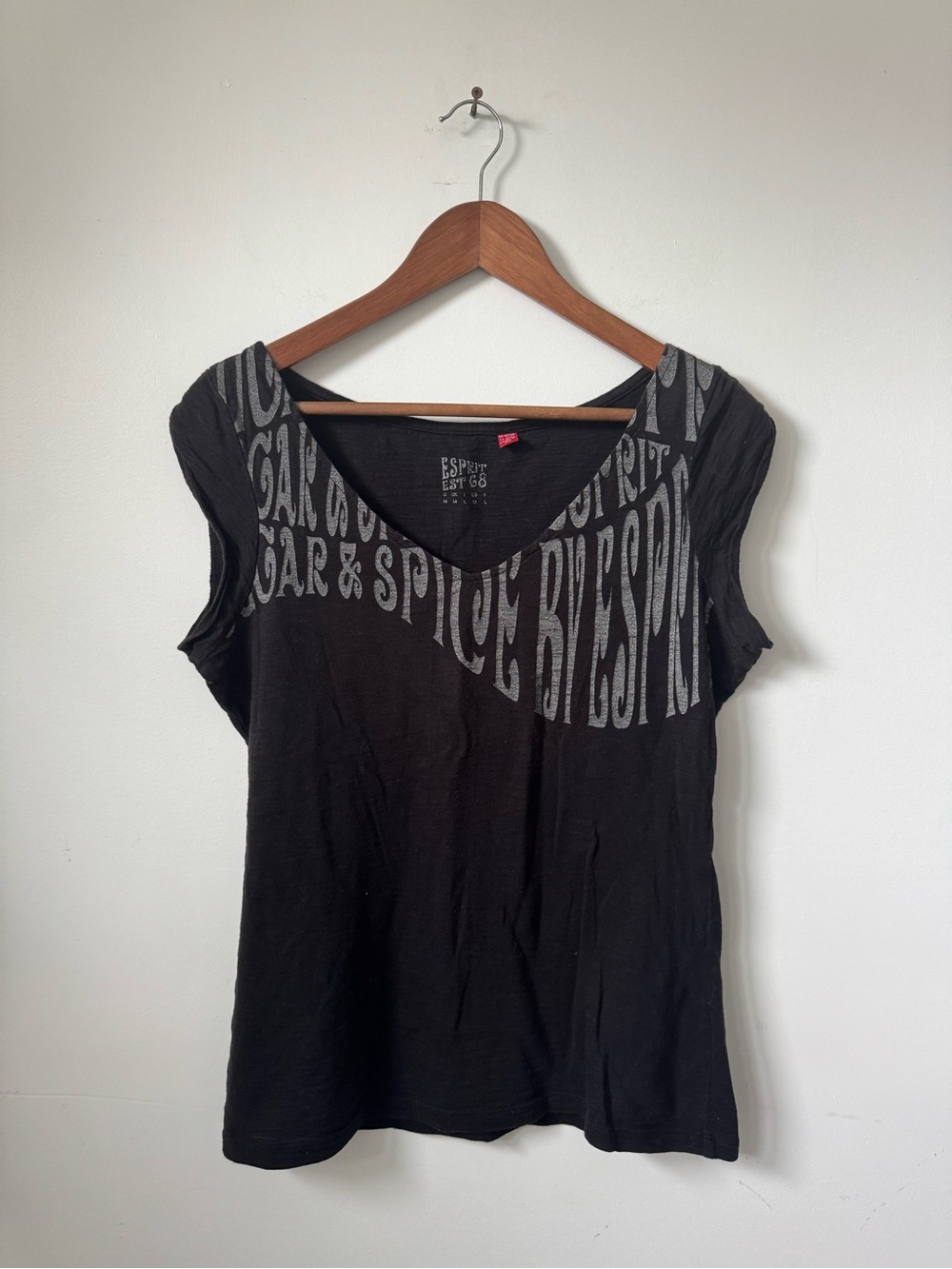 Esprit Black Short-Sleeve V-Neck Tee with Silver Graphic Vintage